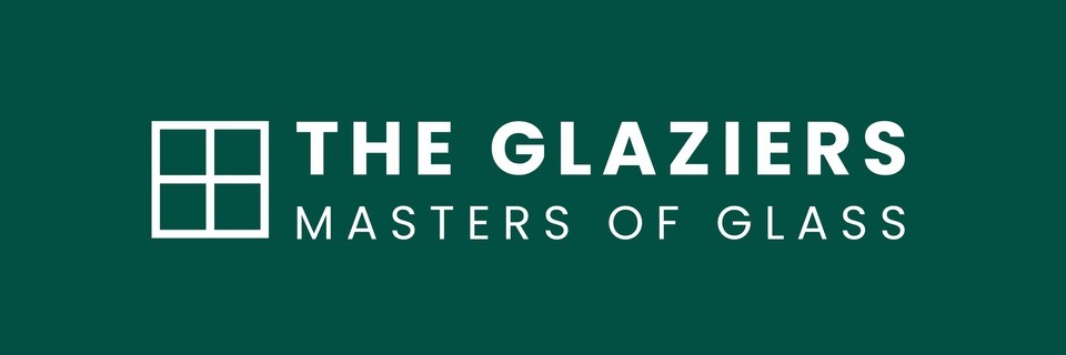 The Glaziers Master of Glass white logo on a green background